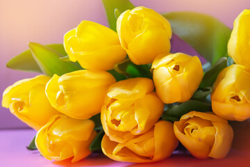Bouquet of yellow tulips. Gift card for holiday, Valentine's, International Women's and Mother's Day, March 8. Copy space