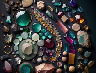 Obraz na płótnie Canvas Beautiful collection of crystals and gemstones and minerals on a dark background. Luxury background, stone quartz, glass prism, amber, agate, carnelian, amethyst, nuggets. AI generated.