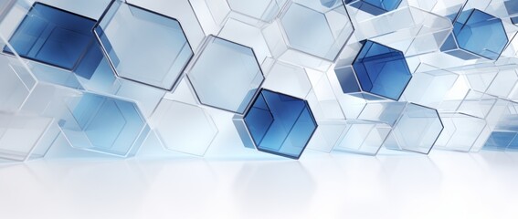 A 3D hexagon pattern with a futuristic design and blue backdrop, this vector illustration combines geometric shapes, digital elements, and network structures to create a captivating wallpaper that sea