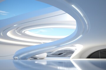 Fototapeta premium White futuristic architecture. Brightly lit large airy hall, gallery, corridor, fantastic airport terminal. Round minimalistic freeform, organic design. Smooth curves of lines, conceptual building.