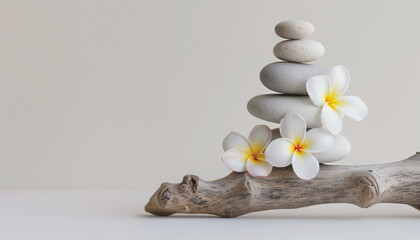 Modern minimalistic spa background with balanced stack pebble and flowers.