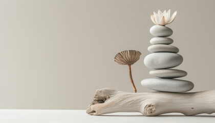 Modern minimalistic spa meditation background with balanced stack pebble and flowers.