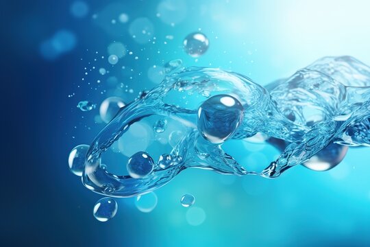 Liquid cosmetic essence with bubbles. Blue abstract background, macro photography of DNA molecules in splashes of water.