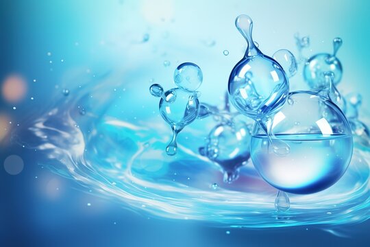 Liquid cosmetic essence with bubbles. Blue abstract background, macro photography of DNA molecules in splashes of water.
