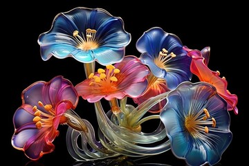 Abstract background of multi-colored glass flowers on a dark background. Fantastic macro photography