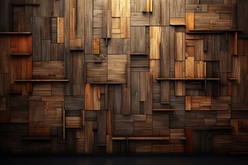 Wood panel wall, unique design with square cube elements. Beautiful wavy texture of the boards. Abstract background. - obrazy, fototapety, plakaty