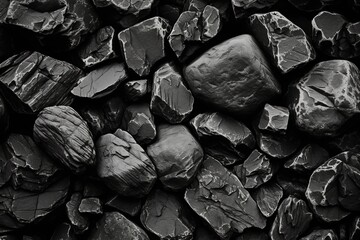 Black and white background, texture of large stones, coal.