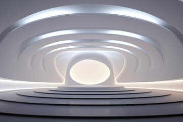 White futuristic architecture. Brightly lit large airy hall, gallery, corridor, fantastic airport terminal. Round minimalistic freeform, organic design. Smooth curves of lines, conceptual building.