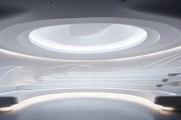 Obraz premium White futuristic architecture. Brightly lit large airy hall, gallery, corridor, fantastic airport terminal. Round minimalistic freeform, organic design. Smooth curves of lines, conceptual building.