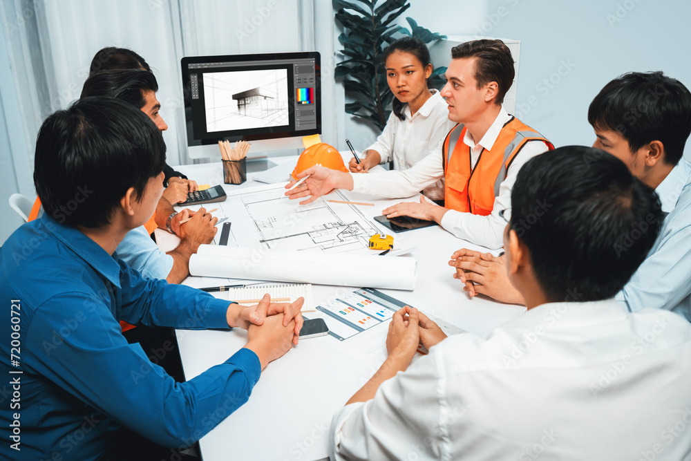 Aufkleber diverse group of civil engineer and client working together on architectural project, reviewing cons
