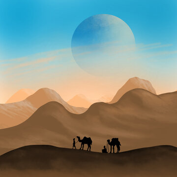 A desert scenery with mountains in the background and a camel caravan as an object with huge fictionalize sun looming over. Perfect picture for phone background image or to decorate your house