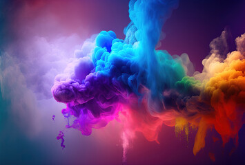 Bubbles of multicolored neon smoke, ink. An explosion, a burst of holi paint. Abstract psychedelic black dark background. 3D rendering. AI generated. - obrazy, fototapety, plakaty