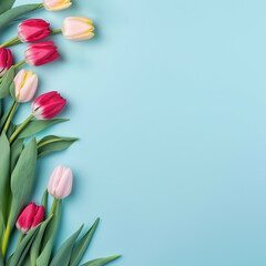 Floral banner with tulips and green leaves on blue background, copy space