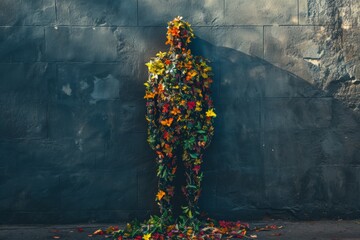 Floral camouflage: Human silhouette melds into a wall, adorned with an autumnal tapestry of flowers