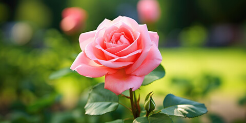 A close-up of a single pink rose with a blurred background of green foliage
