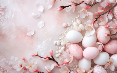 Obraz premium Easter eggs and sakura flower on pastel pink background
