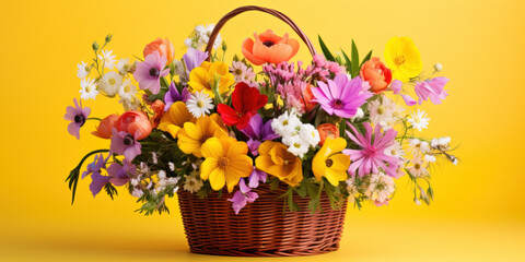 Basket of colourful wildflowers flowers on a yellow spring background