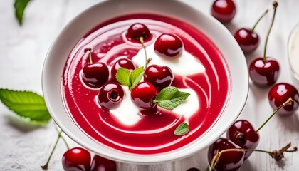 Sour cherry soup in a white bowl on a white background. Hungarian cold cherry soup with cream or sour cream, sugar and cinnamon. Sweet summer soup.
