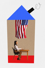 Contemporary art collage. Confident lady dressed office attire sitting at table at election precinct. United States Flag. Concept of business, promotion, teleworking, online cooperation.
