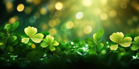 Clower leaves with sparkles and depth of field, St Patrick's day background