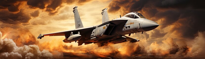 A fighter jet aircraft engaged in warfare, with explosions erupting in the background. - obrazy, fototapety, plakaty