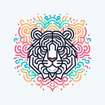 Minimalist neon line logo of a tessellated geometric Tiger surrounded by colorful smoke effects vectorized, symmetrical, white background.