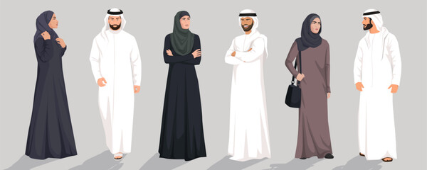 Arabic women and men. Arabian female, male. Traditional clothes of eastern people. White or black hijab. Young muslim lady, handsome person, gorgeous man wearing white hijab. Vector illustration