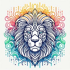 Fototapeta premium Minimalist neon line logo of a tessellated geometric Tiger surrounded by colorful smoke effects vectorized, symmetrical, white background.