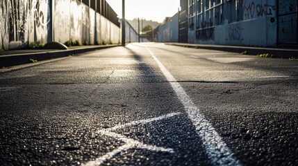 Urban Sunrise: Glistening Asphalt Road with Sunlight Reflection