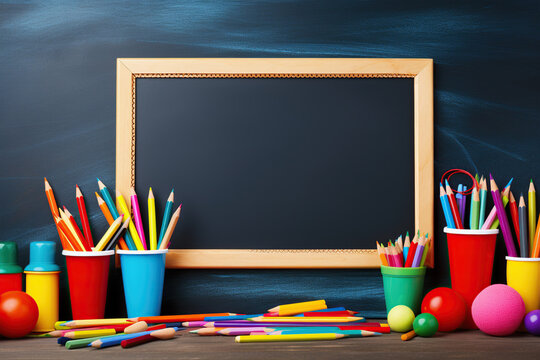 School supplies and the chalkboard on the blackboard background. 
