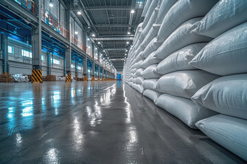 Many rows of big white sacks at large warehouse, Stack of sacks