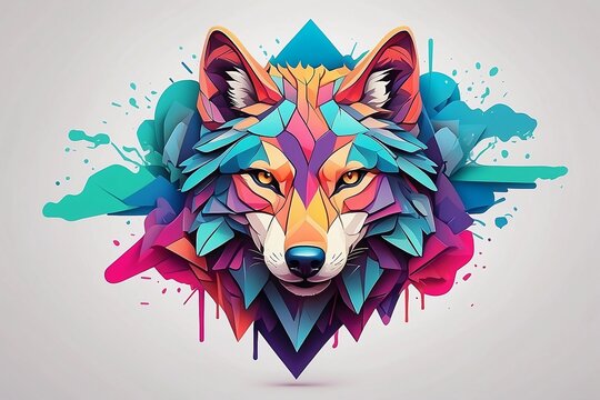 Minimalist neon line logo of a tessellated geometric Wolf surrounded by colorful smoke effects vectorized, symmetrical, white background.