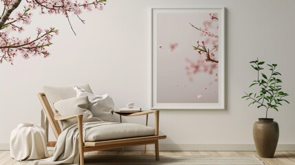 Modern interior with a framed sakura print creating a peaceful ambiance