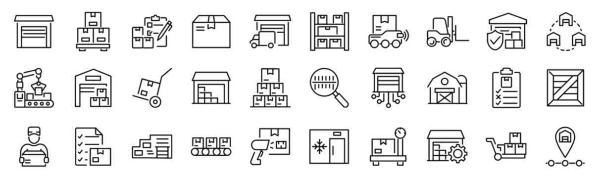 Set of 30 outline icons related to warehouse. Linear icon collection. Editable stroke. Vector illustration