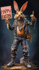 wild outlaw rebel rabbit holding up a sign with the phrase Happy Easter - obrazy, fototapety, plakaty