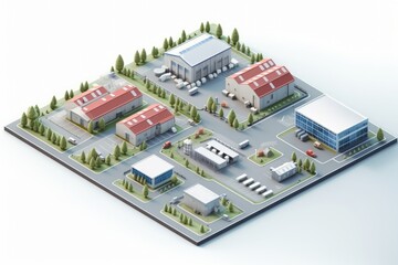 Isometric View Industrial Park with Small Factories and Workshops, Against a White Canvas, Generative AI