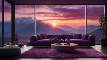 stream overlay loop, virtual background animation, cozy purple living room at sunrise scenery, vtuber streamer gaming asset, zoom OBS screen. anime chill hip hop video