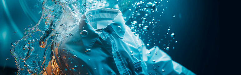 Laundry and cleaning concept of a white shirt in teal blue water with bubbles and splash. Clean clothes and perfect result after washing. Wide banner with copy space.
