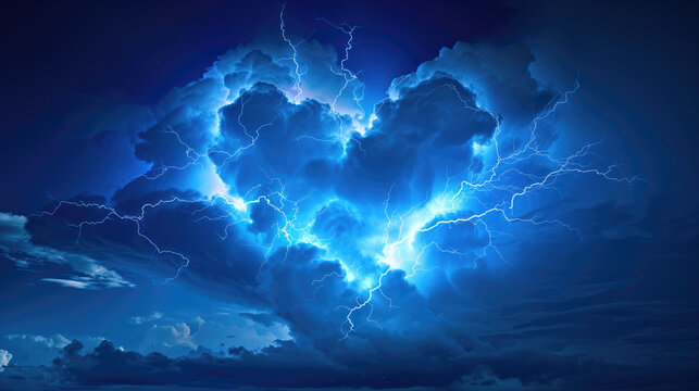 clouds and lightning are forming a glowing heart in a darkblue sky at night