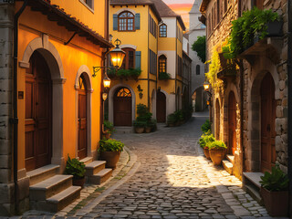 Fototapeta na wymiar Mystical Twilight: A Romantic Stroll Through Sunset-Lit Cobblestone Alleys in a European Medieval Town. generative A