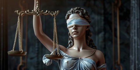Fototapeta na wymiar Lady Justice with White Lace Band over her Eyes holding Scale in her Hand - Woman Lady Justice Background created with Generative AI Technology