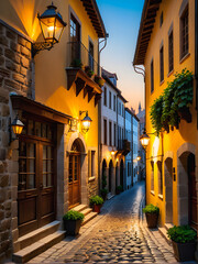 Fototapeta na wymiar Mystical Twilight: A Romantic Stroll Through Sunset-Lit Cobblestone Alleys in a European Medieval Town. generative A