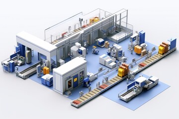 Isometric View Production Hall with Machinery and Assembly Lines, on an Isolated White Background, Generative AI