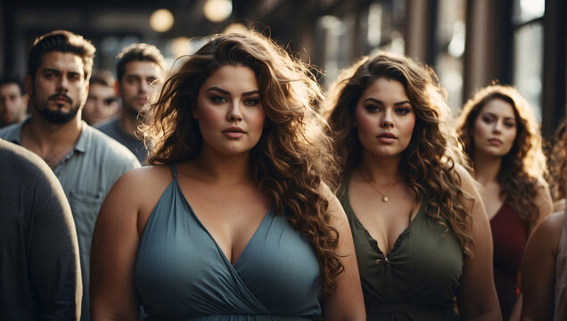 Modern concept body acceptance. Stylish, charming plus size twin models look at camera. Beautiful plus size people show confidence, body positivity pose for photo shoot. Modeling agency