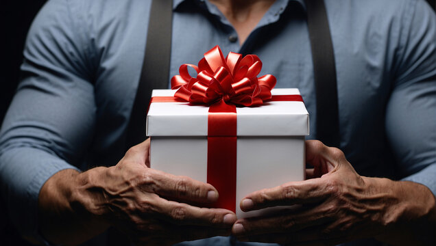 Strong muscular arms of man holding gift. Man holds white gift box with red ribbon. Best gift for woman for any occasion. Muscular male hands holding gift on dark background for Valentine's Day