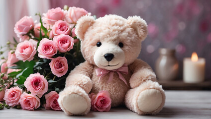 Celebrate February 14th with charming gesture. Beige teddy bear, bouquet of pink roses make wonderful Valentine's Day or anniversary gift. Cute, romantic bear complements romantic atmosphere in room