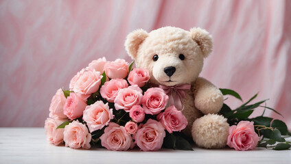 Charming gift for valentine's day or anniversary. Beautiful teddy bear hugs bouquet of roses. Sweet and romantic moment. Cute beige teddy bear with roses on delicate pink background