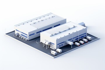 Isometric View Small Industrial Buildings, Showcasing Manufacturing Processes, on a White Surface, Generative AI