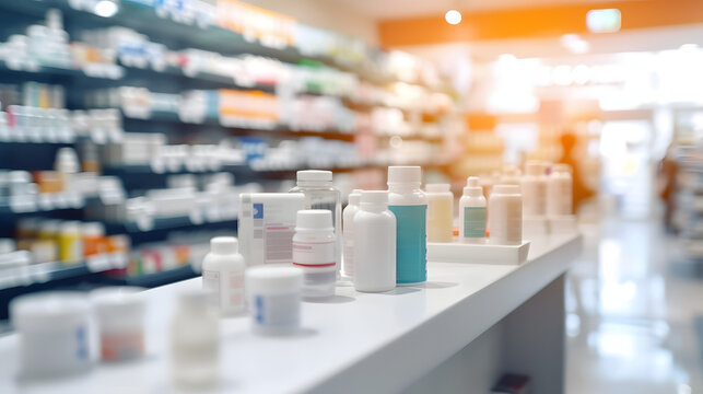 Blurred background of a pharmacy store, Pharmacist and medicine concept.