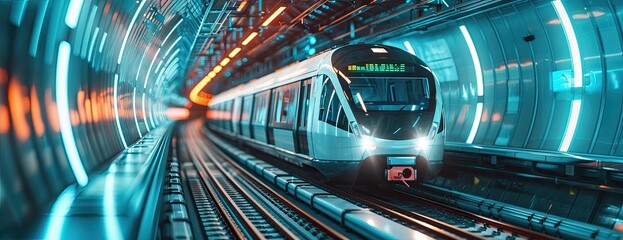 A futuristic train gracefully departs from an ultra-modern station, embodying the sleekness of modern transportation. - obrazy, fototapety, plakaty
